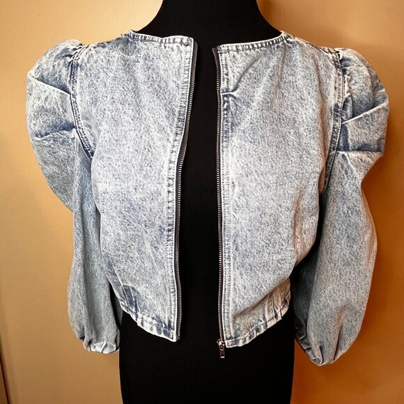 Zara Denim Cropped Top Women SZ M Cowgirlcore Puff Sleeves Back Zip Festival - Picture 7 of 8